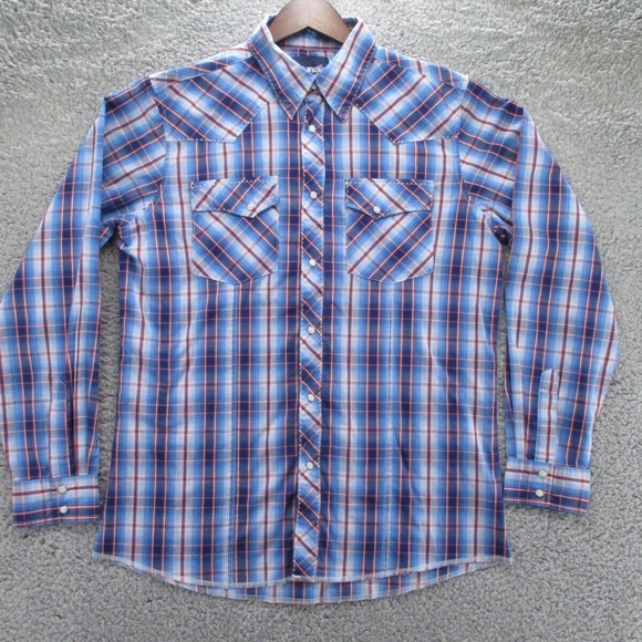 Wrangler Shirt Adult 2XL XXL Pearl Snap Blue Red Tartan Plaid Mens Button Down - Picture 1 of 13